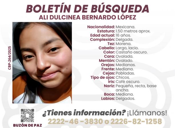 Ali de 16 años de edad desapareció en Yehualtepec
