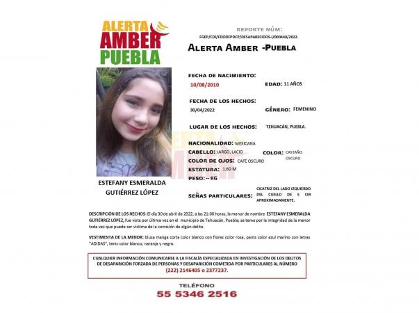 Buscan a niña de 11 años desaparecida el fin de semana en Tehuacán