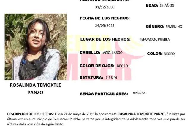 Rosalinda, de 15 años, desaparece en Tehuacán; lanzan Alerta Amber urgente