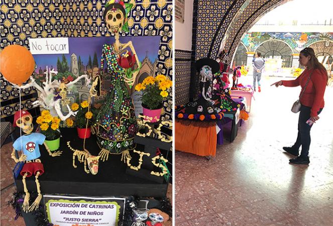 Exhiben catrinas miniaturas hechas por alumnos de kínder en Atlixco