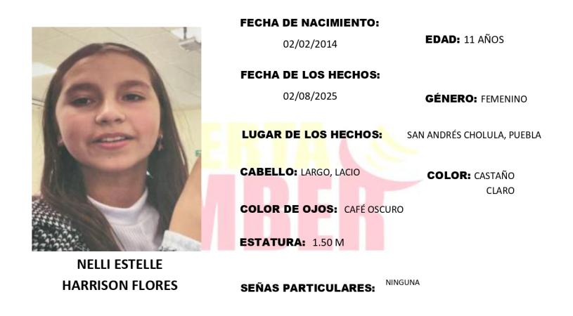 Activan Alerta Amber en San Andrés Cholula para localizar a Nelli de 11 años