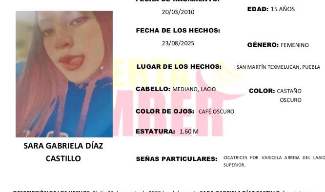 Activan Alerta Amber por desaparición de adolescente en Texmelucan
