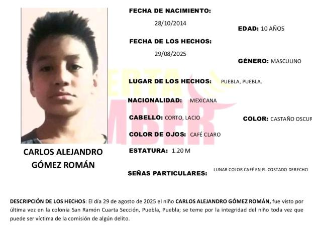 Activan Alerta Amber para localizar a Carlos desaparecido en San Ramón en Puebla