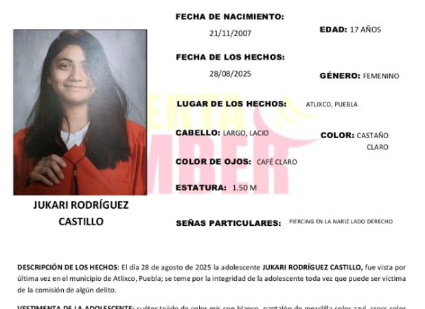 Activan Alerta Amber por desaparición de Jukari de 17 años en Atlixco