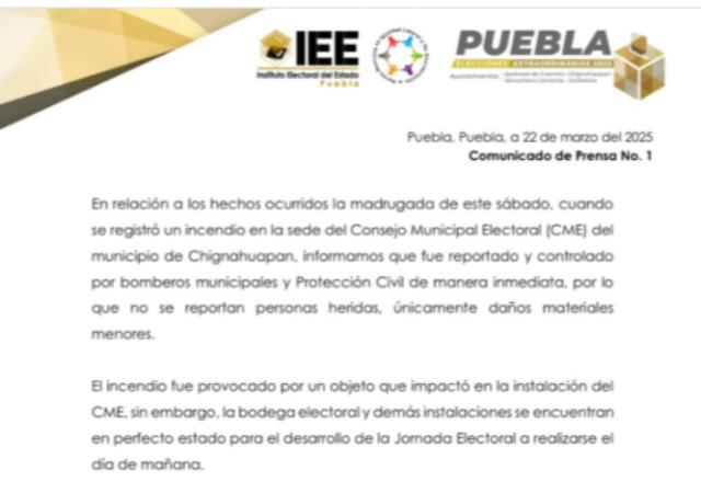 IEE confirma incendio en Consejo Municipal Electoral de Chignahuapan