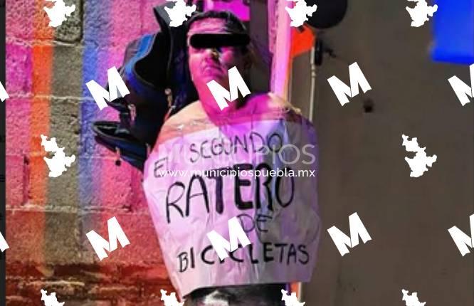 Detiene y amarran a poste a ladrón de bicicletas en San Andrés Cholula