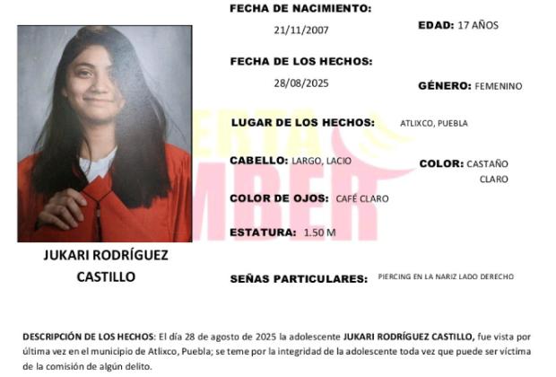 Activan Alerta Amber por desaparición de Jukari de 17 años en Atlixco