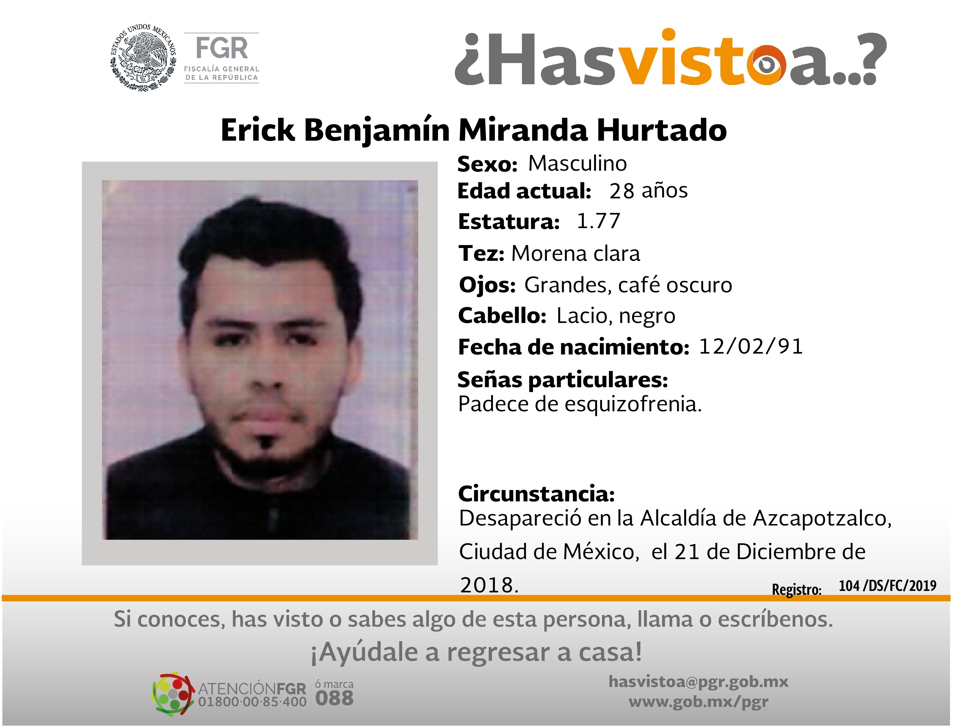 Ayúdanos a localizar a Erick Benjamín Miranda