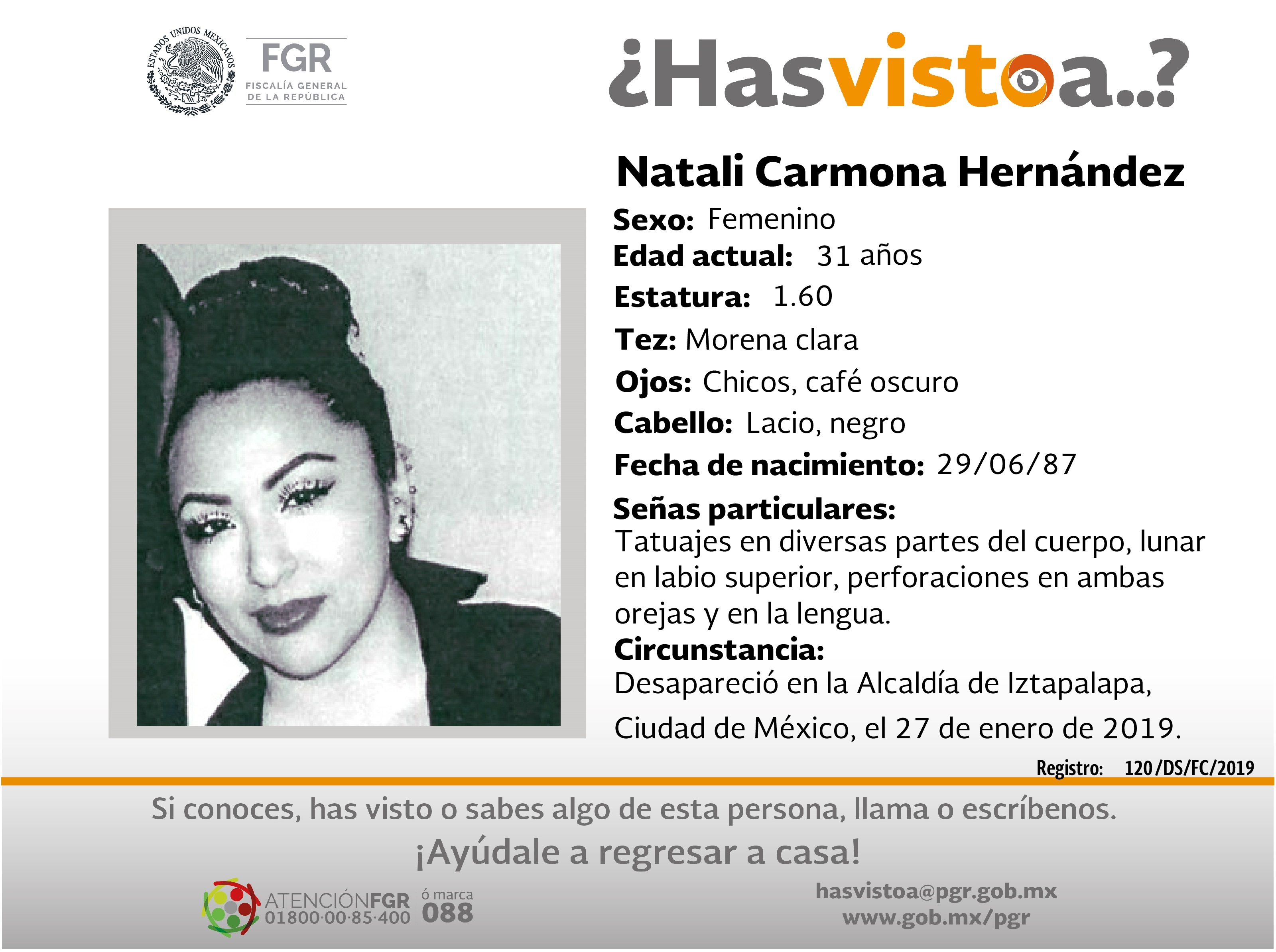 Ayúdanos a localizar a Natali Carmona Hernández