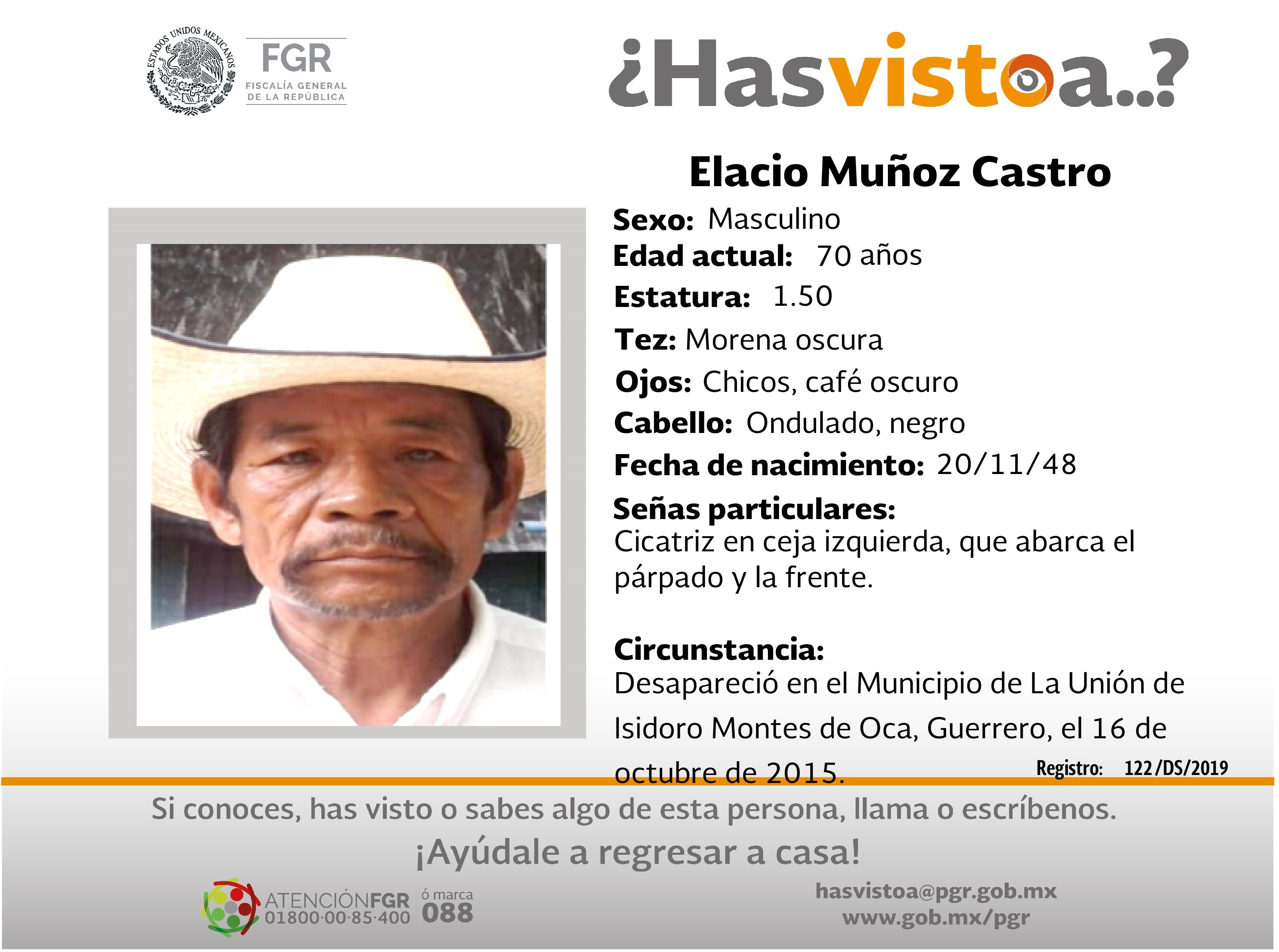 Ayúdanos a localizar a Elacio Muñoz Castro