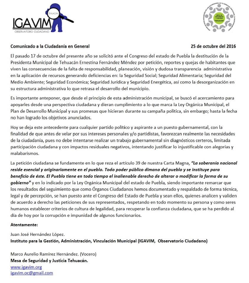 Organizaciones civiles piden al Congreso la destitución de la alcaldesa de Tehuacán