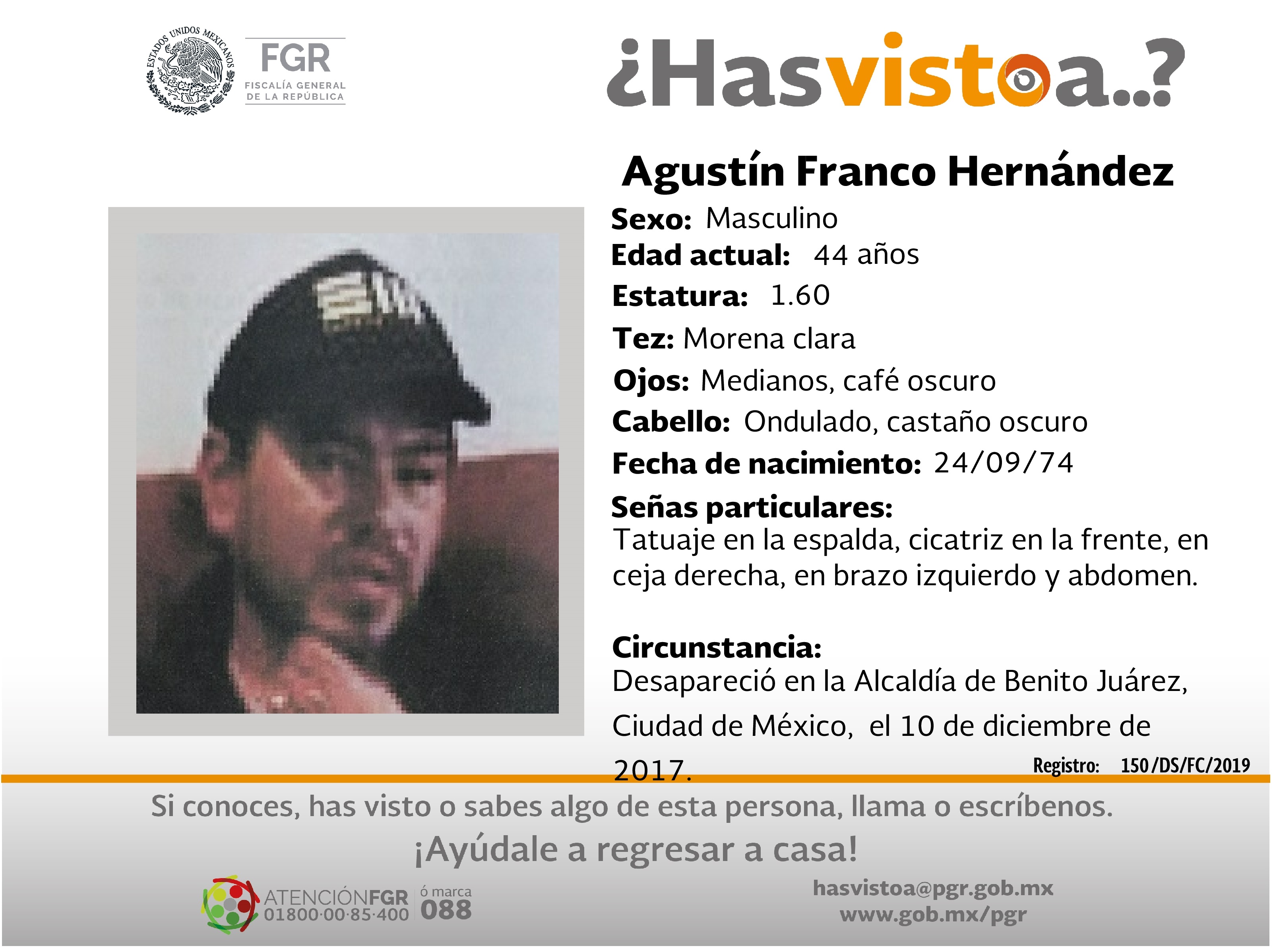 Ayúdanos a localizar a Agustín Franco Hernández