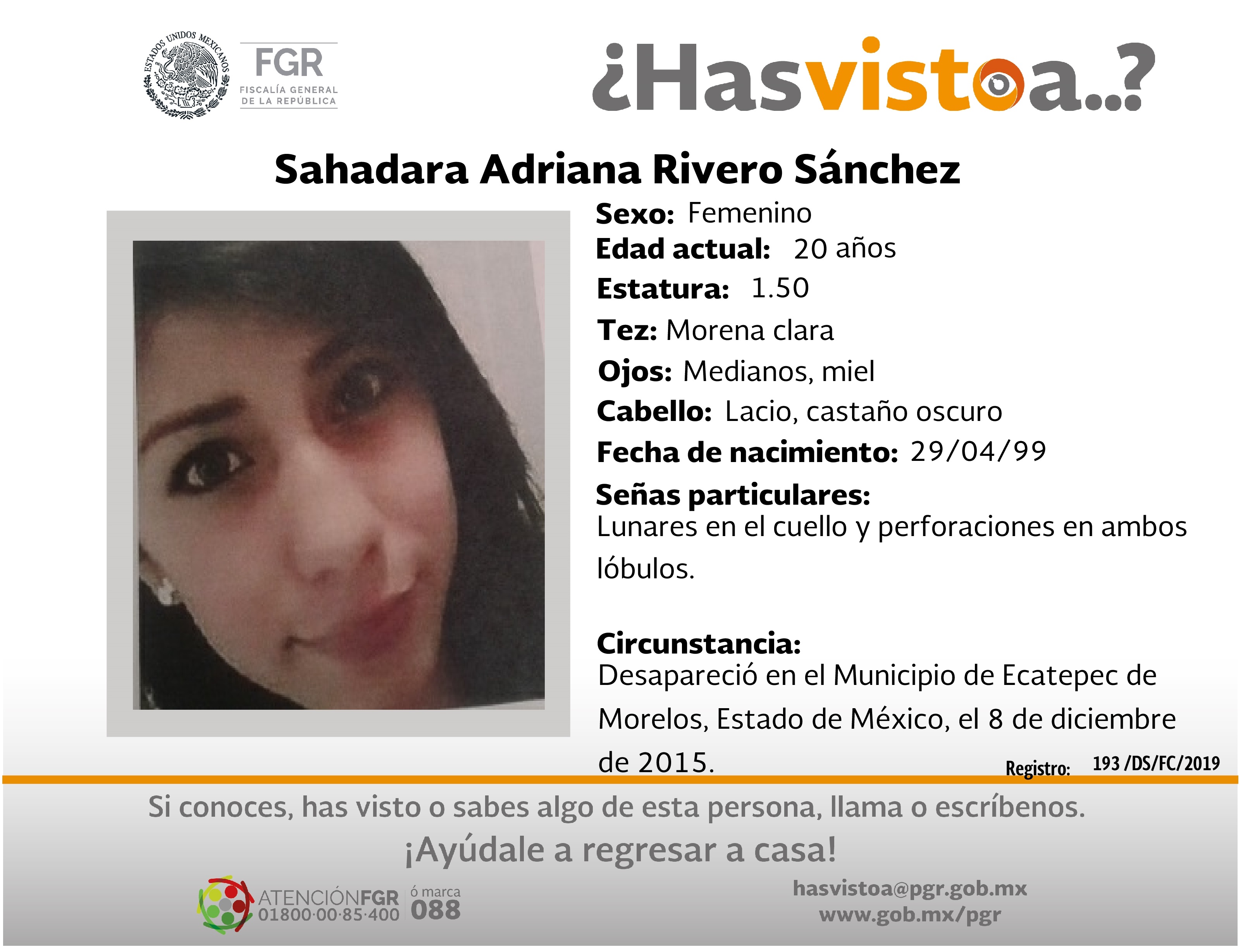 Ayúdanos a localizar a Sahadara Adriana Rivero