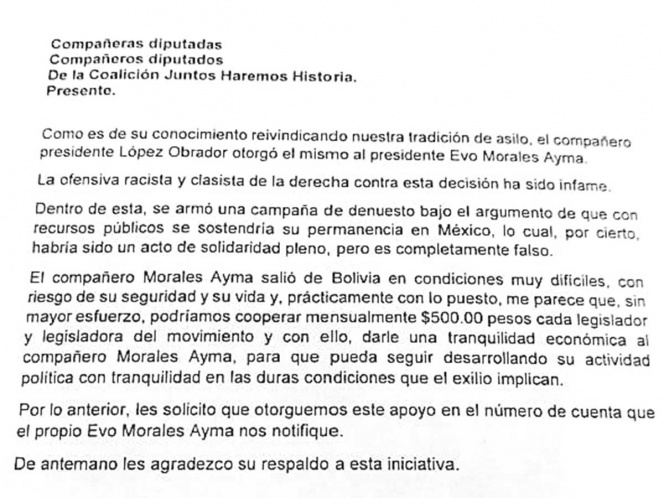 Cooperan diputados 500 pesos para dárselo a Evo Morales