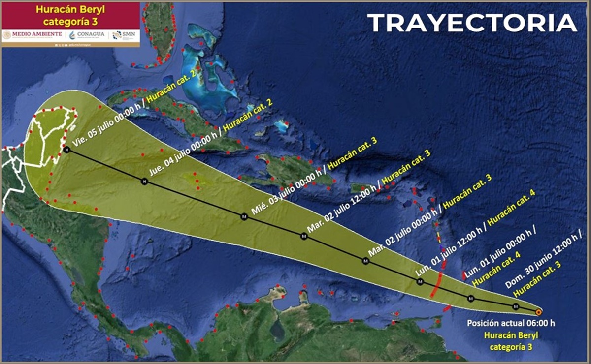 Huracán Beryl se intensifica a categoría 3 en el Caribe