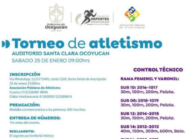 Ocoyucan, sede del Torneo de Atletismo 2025