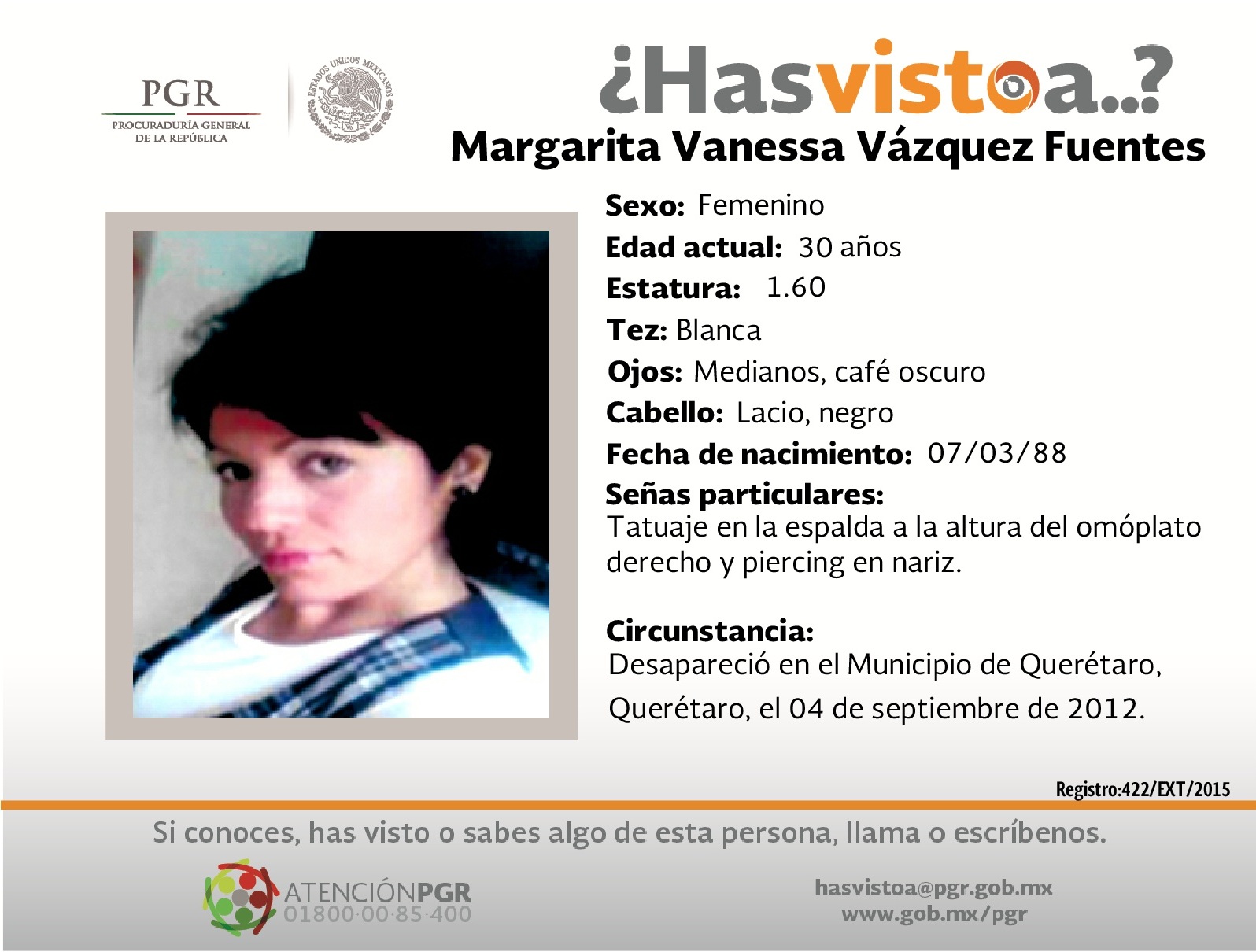 Ayúdanos a localizar a Margarita Vanessa Vázquez