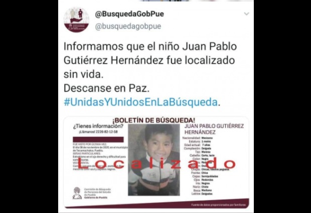 Juan Pablo, de 7 años, fue hallado sin vida en Tecamachalco