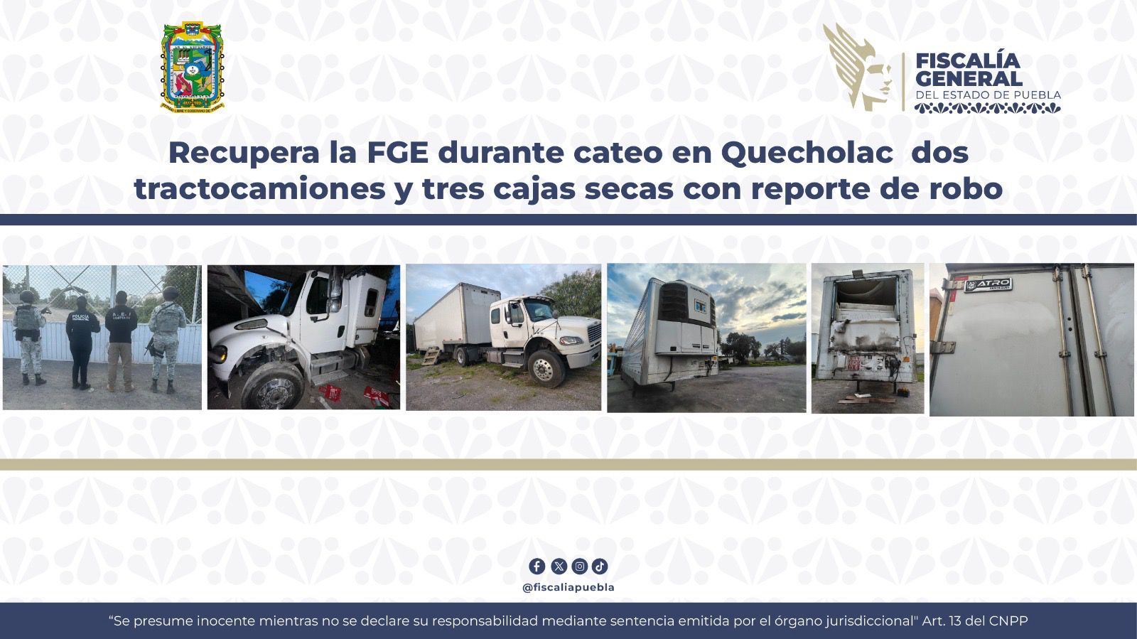 Recupera FGE en cateo en Quecholac dos tractocamiones y tres cajas secas robadas