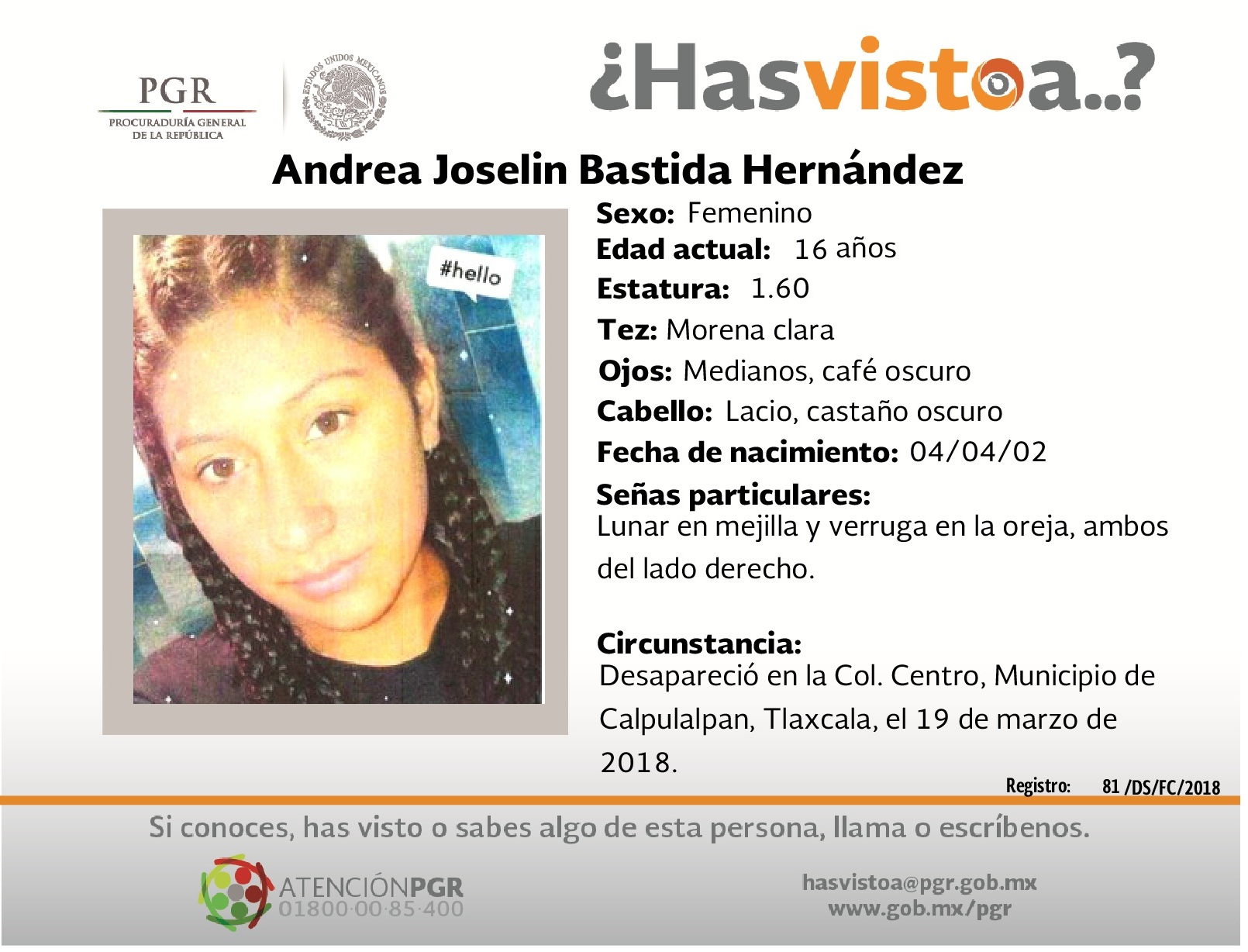 Ayúdanos a localizar a Andrea Joselin Bastina