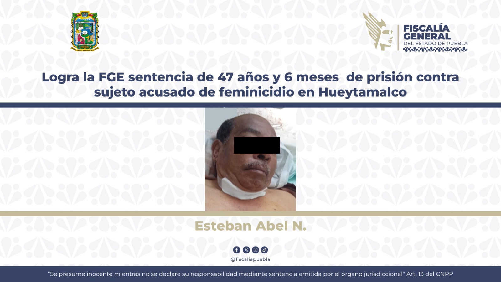 Logra FGE sentencia de 47 años de prisión contra feminicida de Hueytamalco