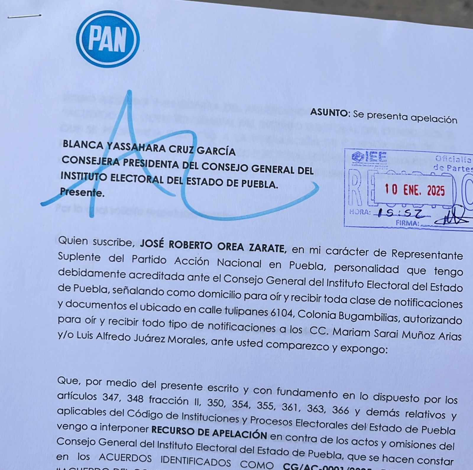 PAN Puebla impugna acuerdo del IEE por impedir nuevas candidaturas comunes 