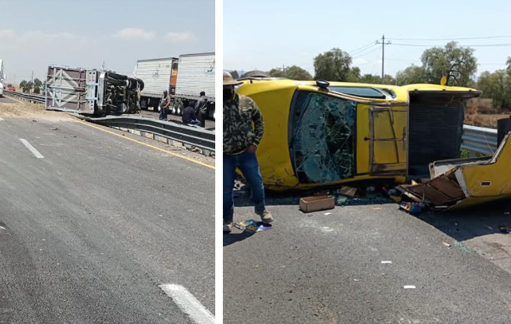 Tráiler y camioneta terminan volcados en la autopista Puebla-Orizaba