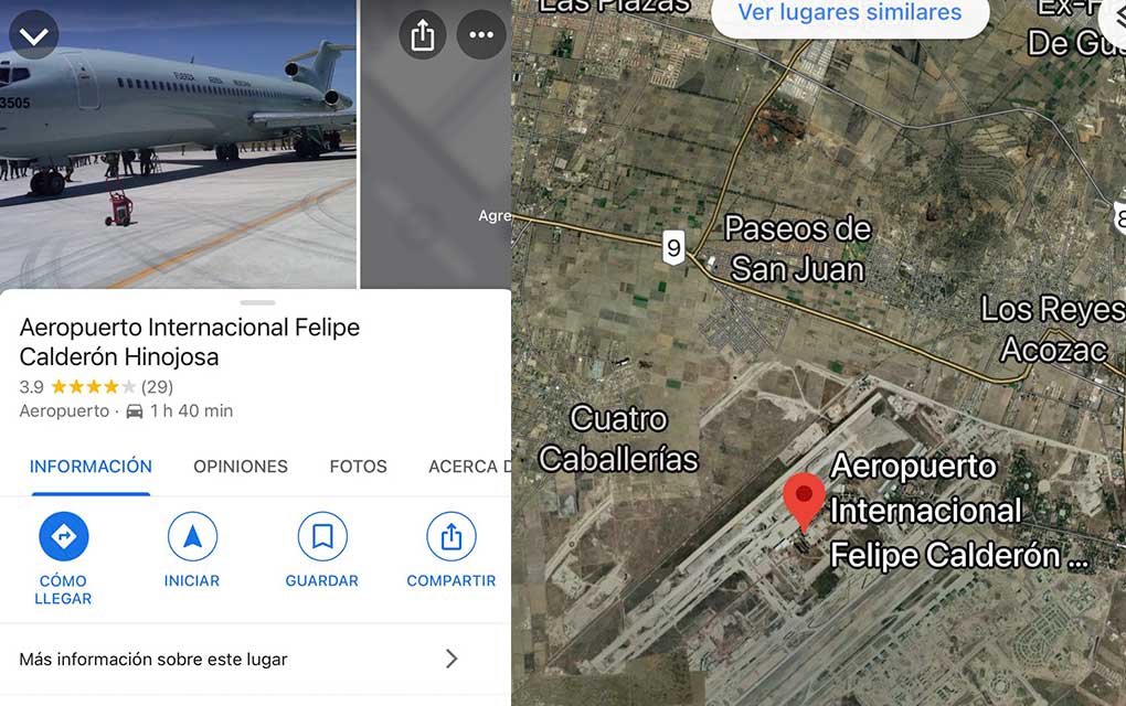 Google Maps cambia nombre al aeropuerto Felipe Ángeles; ahora es Felipe Calderón