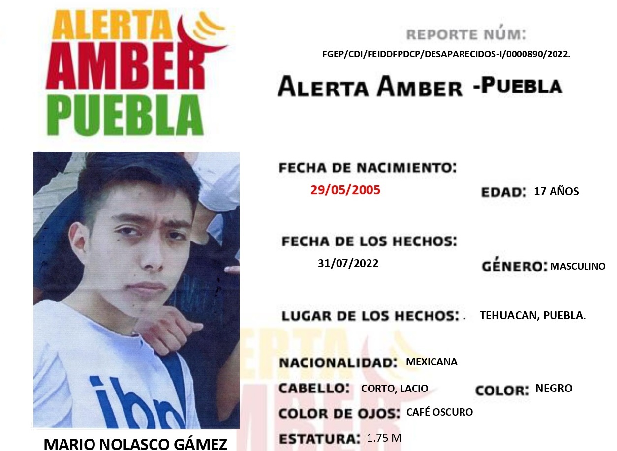 Activan Alerta Amber por Mario Nolasco de 17 años en Tehuacán 