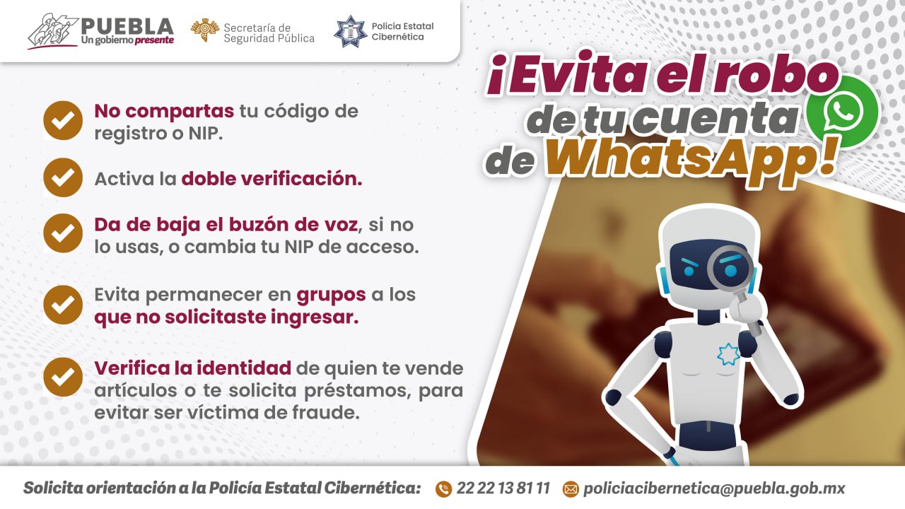 Alerta SSP de Puebla sobre robo de cuentas en WhatsApp