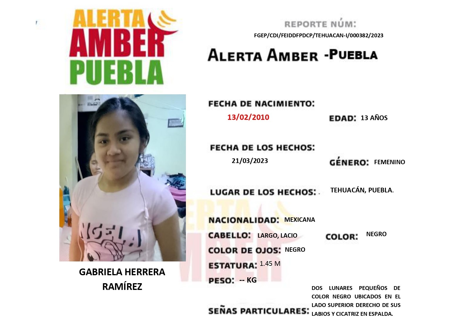 Activan Alerta Amber por Gabriela Herrera, de 13 años, en Tehuacán 