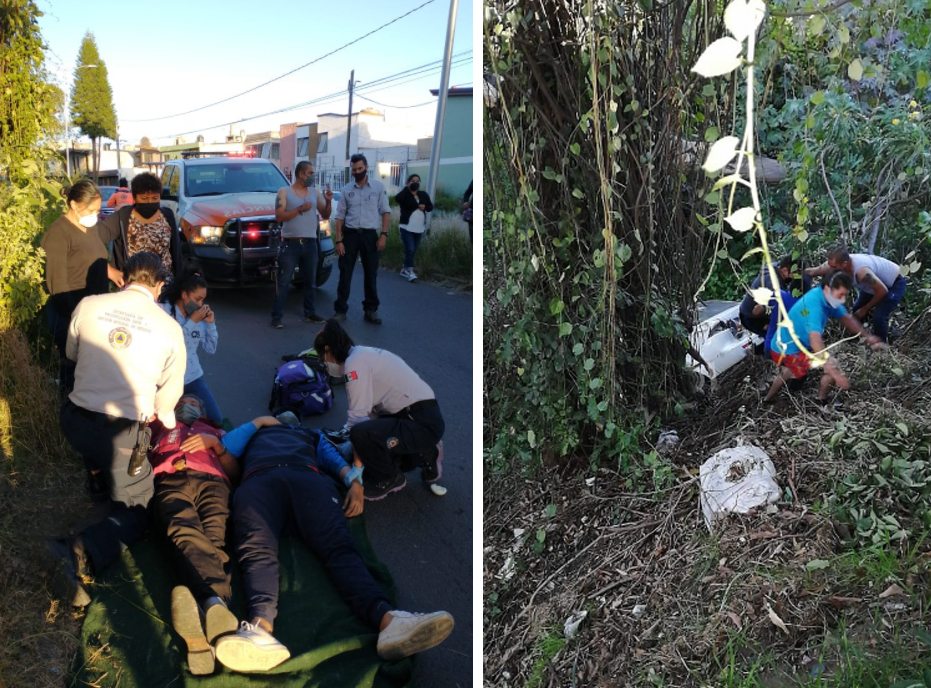 Auto vuelca y se va a barranca en Amalucan en Puebla