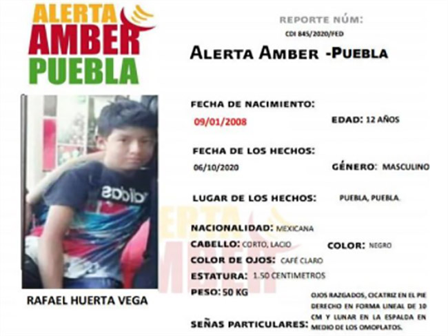 FGE activa Alerta Amber en Puebla para localizar a Rafael de 13 años