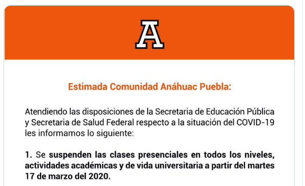 Anahuac se suma al paro de universidades por coronavirus