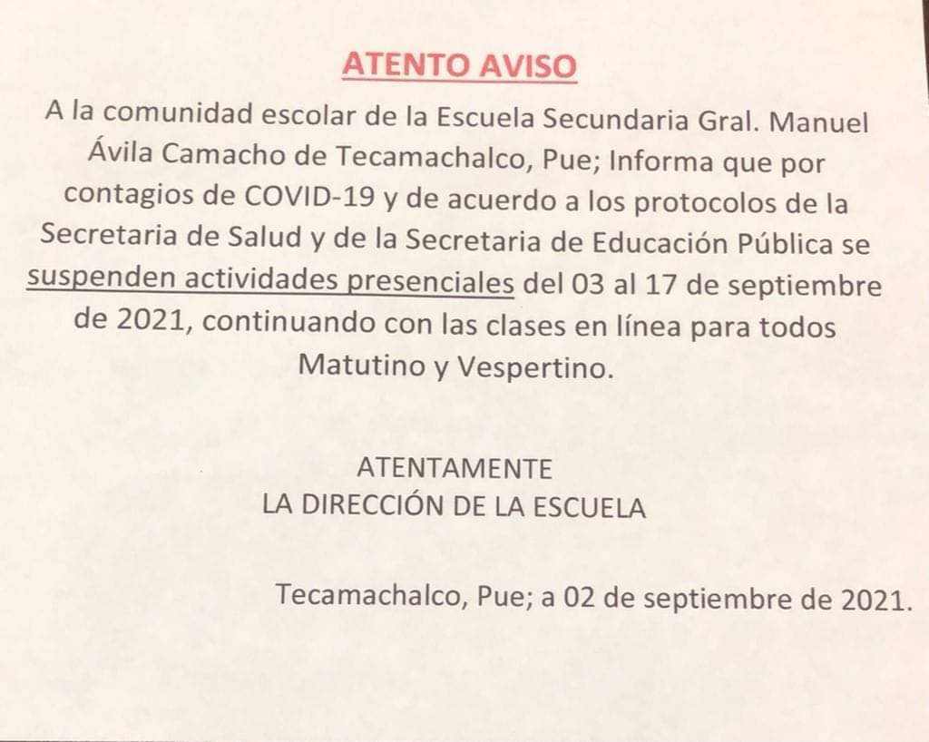 Por contagios COVID suspenden clases presenciales en secundaria de Tecamachalco