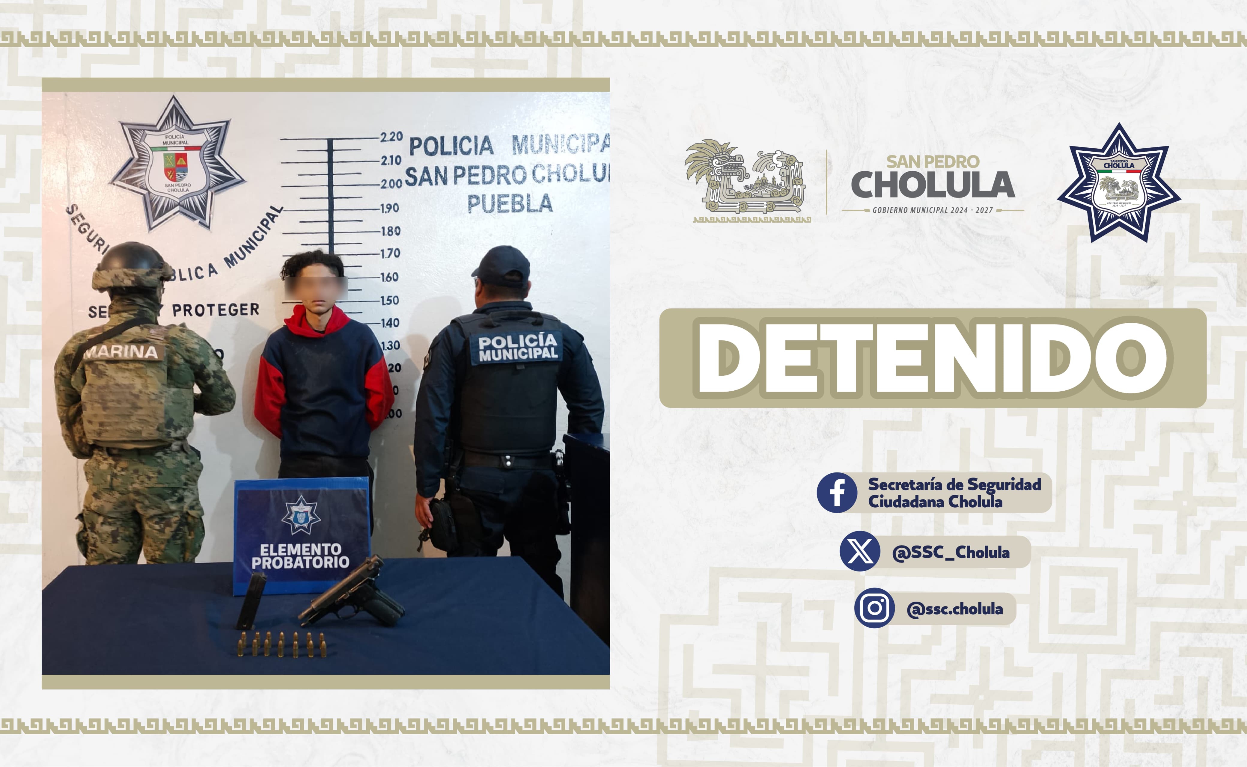 Lo detienen con 14 cartuchos útiles en San Pedro Cholula