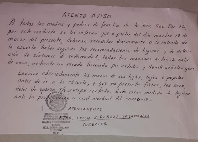 Piden a padres firmar que sus hijos no tienen coronavirus en Tecamachalco