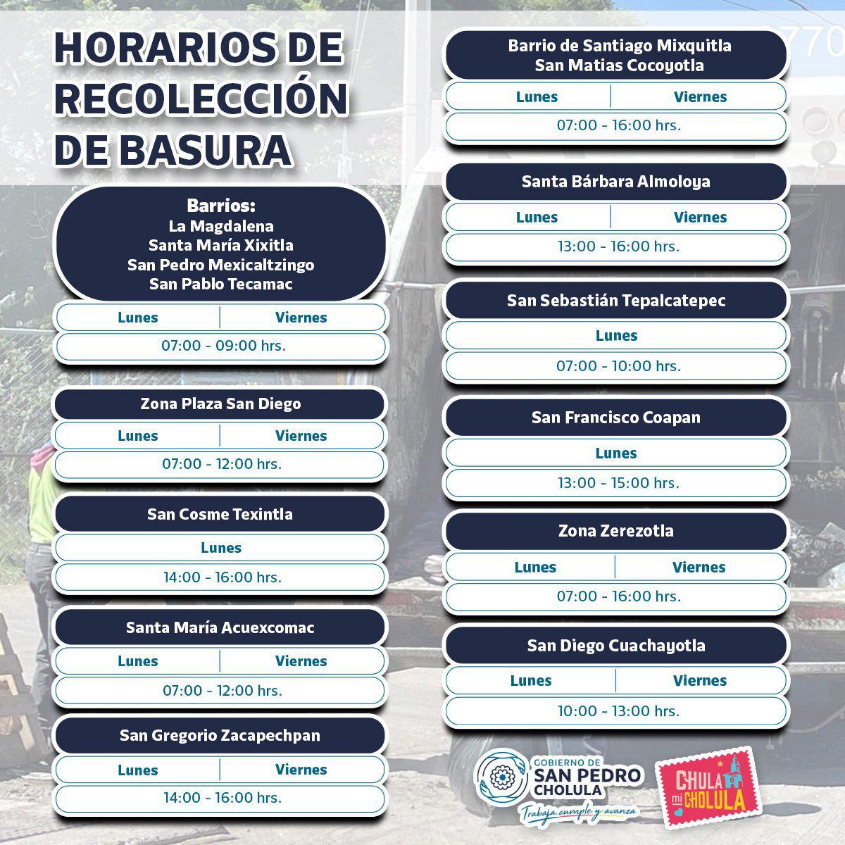 Conoce los nuevos horarios para sacar la basura en San Pedro Cholula