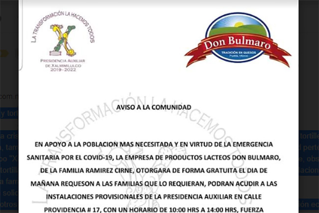 En Xalmimilulco queseros, lecheros y tortillerías apoyan a familias  ante contingencia