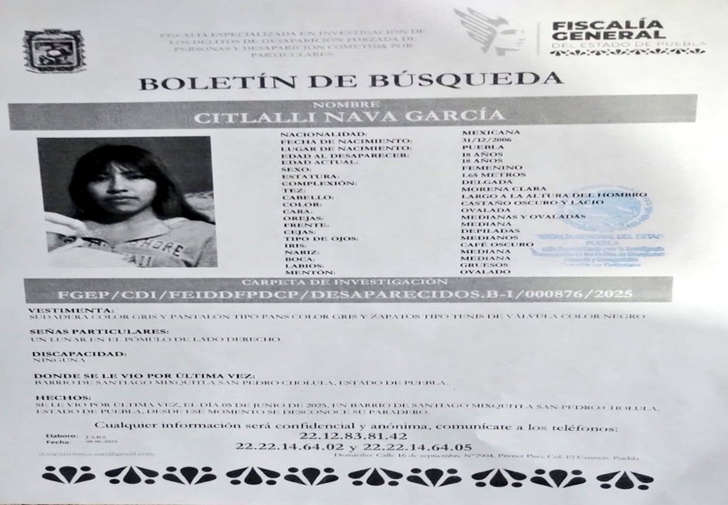 Se solicita el apoyo para localizar a Citlali Nava