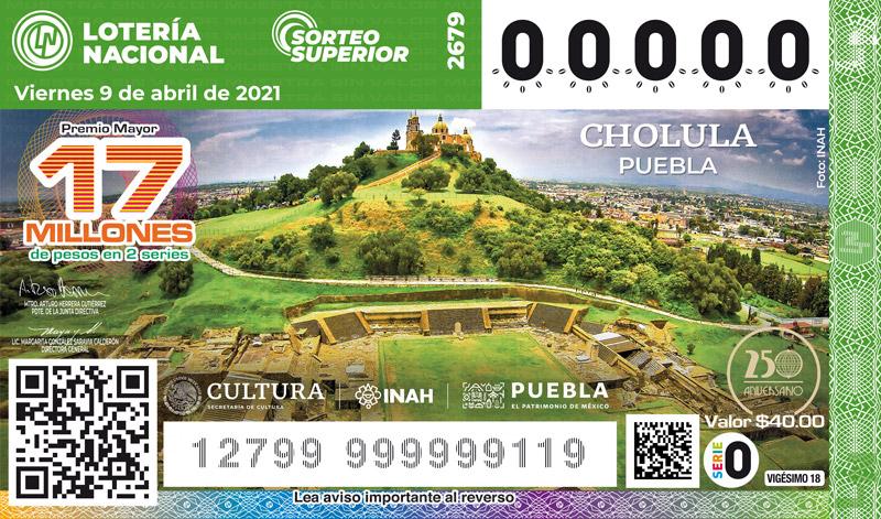 Zona arqueológica de Cholula estará presente en billete de la Lotería Nacional