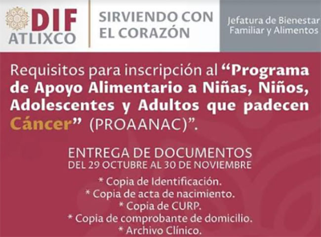 DIF Atlixco apoyará a enfermos con cáncer con despensas