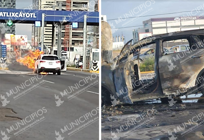 VIDEO Fuego calcina camioneta en la caseta de la autopista Puebla-Atlixco