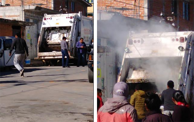 Camión de basura explota y vecinos apagan el fuego en Huejotzingo