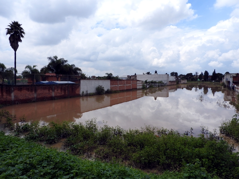 Arroyo se desborda en terrenos de cultivo de San Pedro Cholula