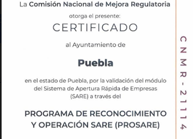 Recibe Puebla capital certificado para apertura rápida de empresas