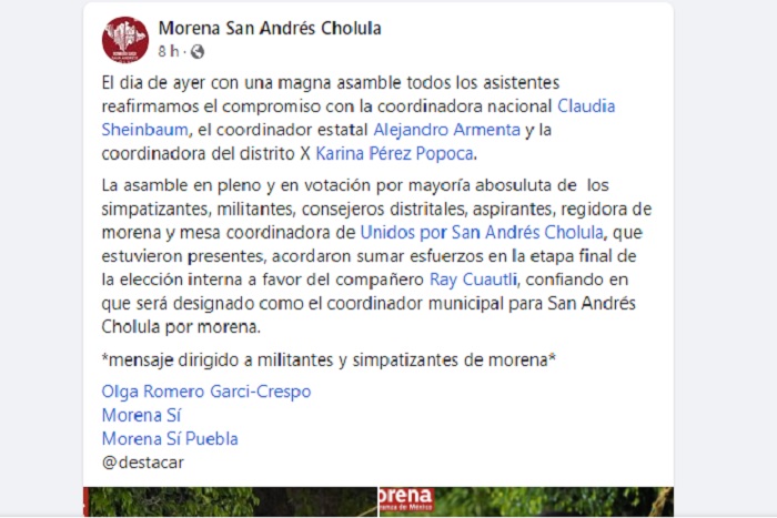 Morena aclara que no hay candidato en San Andrés Cholula y denuncia página falsa