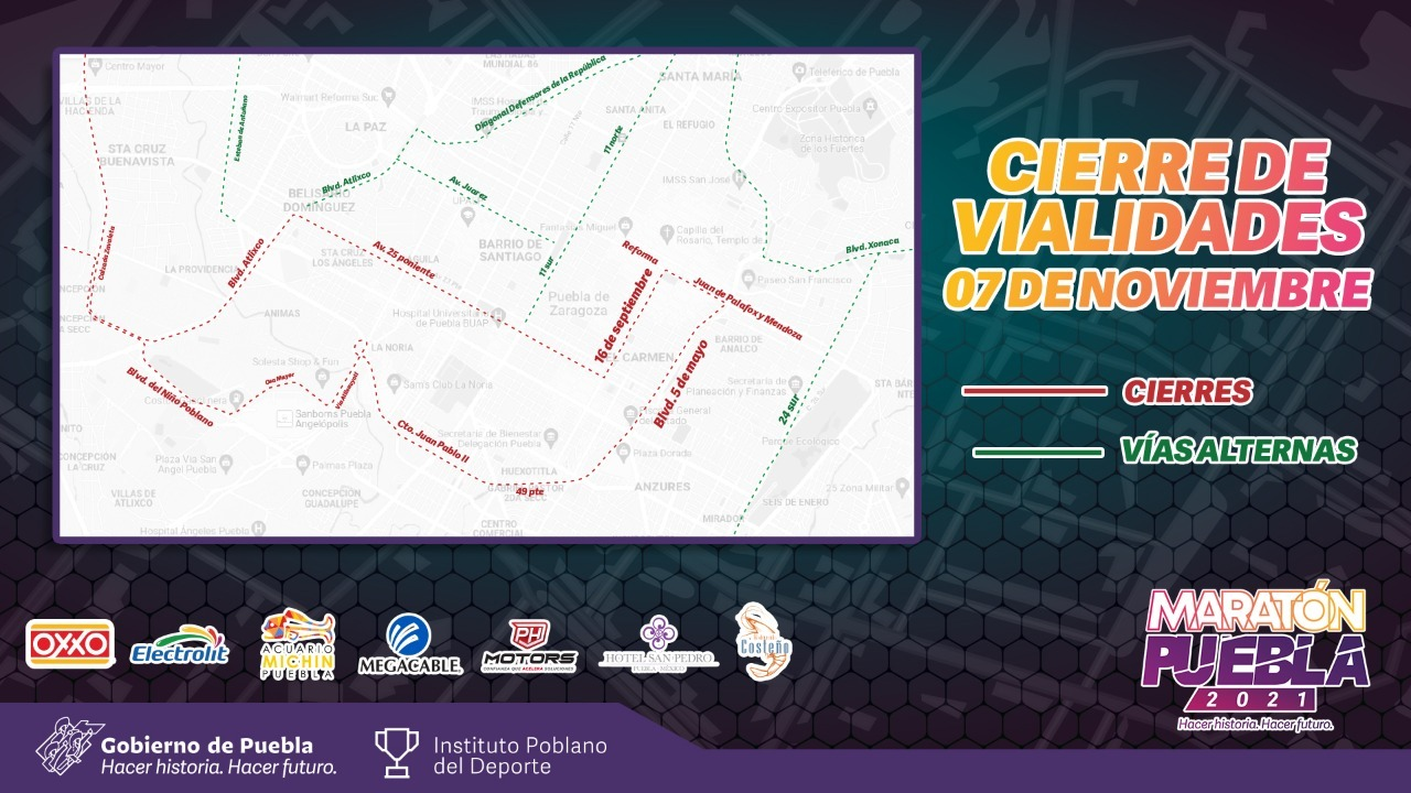 Estas vialidades se cerrarán por Maratón Puebla 2021