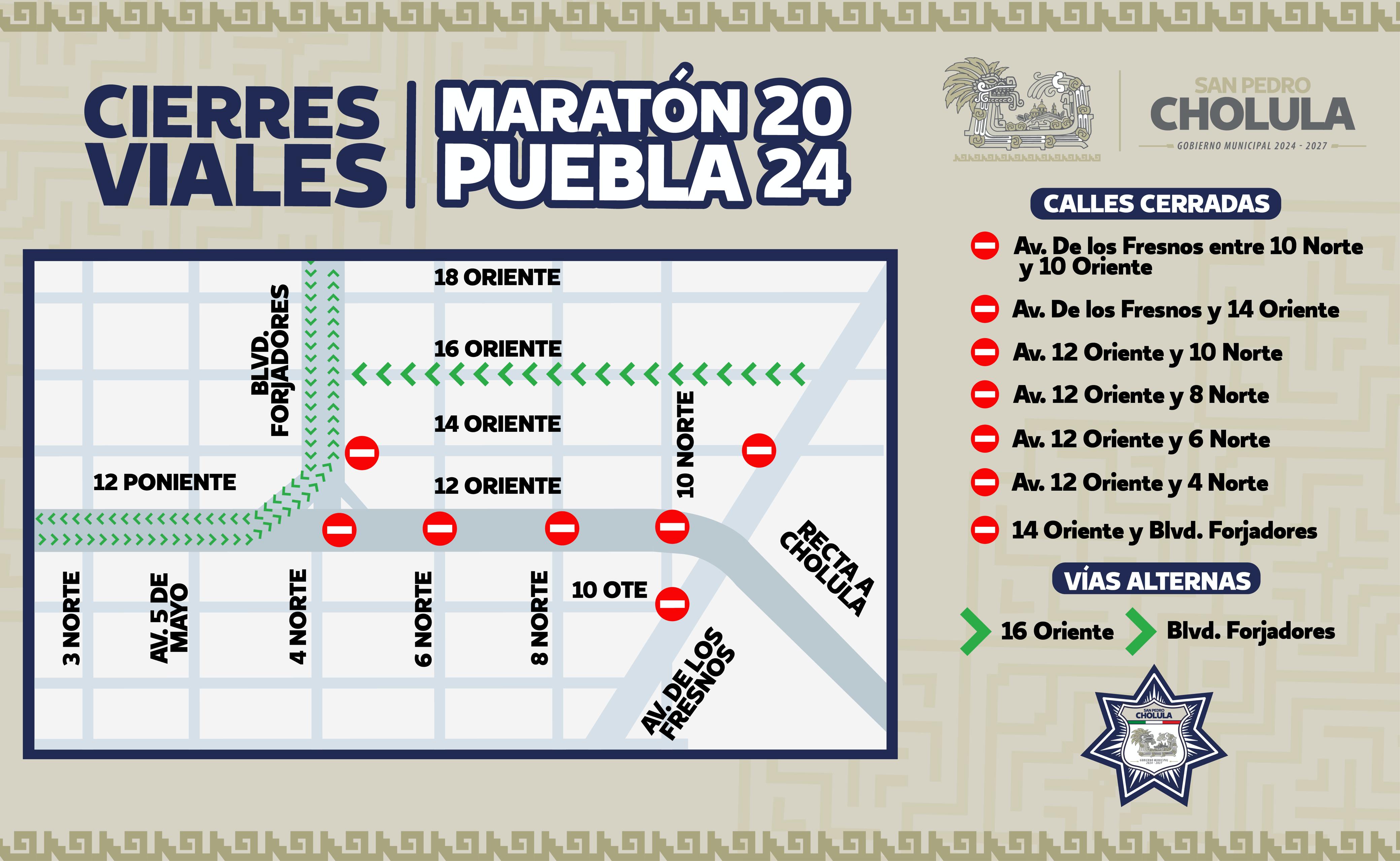 Cierres viales en San Pedro Cholula por Maratón Puebla 2024