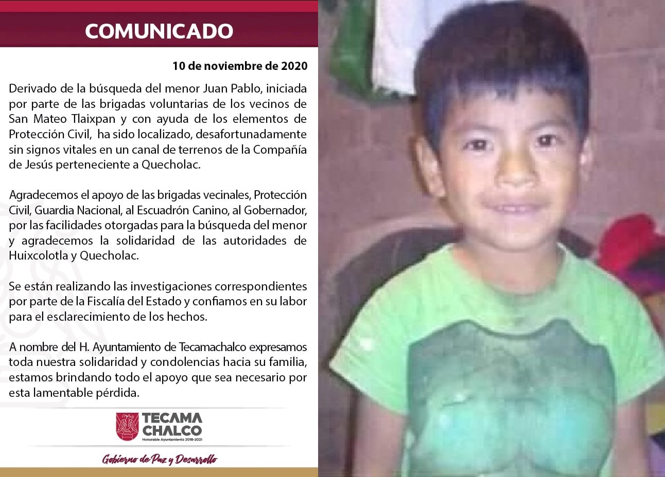 Fiscalía investiga muerte del niño Juan Pablo en Tecamachalco